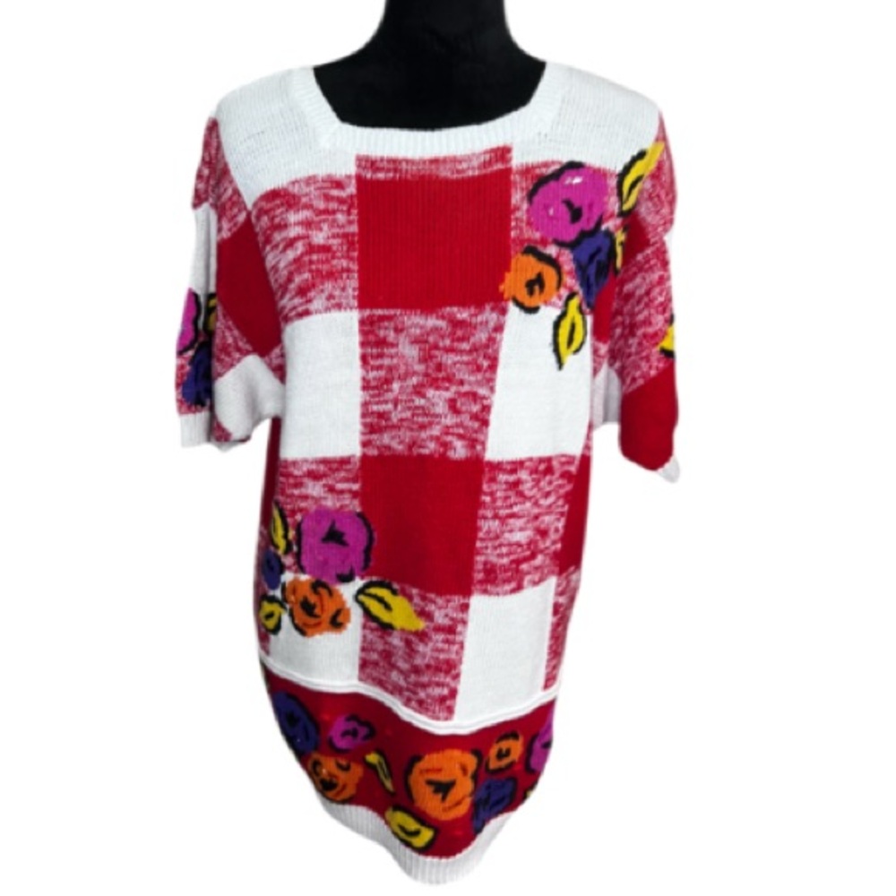 Vintage Colorblock Floral Sweater Tunic Oversized Knit Artwear Cottagecore Boho - Picture 3 of 11